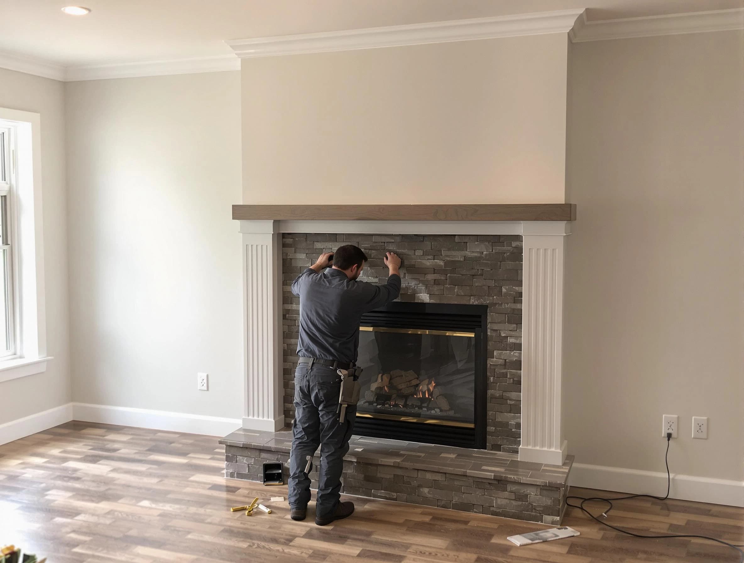 Marshfield Chimney Sweep finishing a custom fireplace install in Marshfield, MA