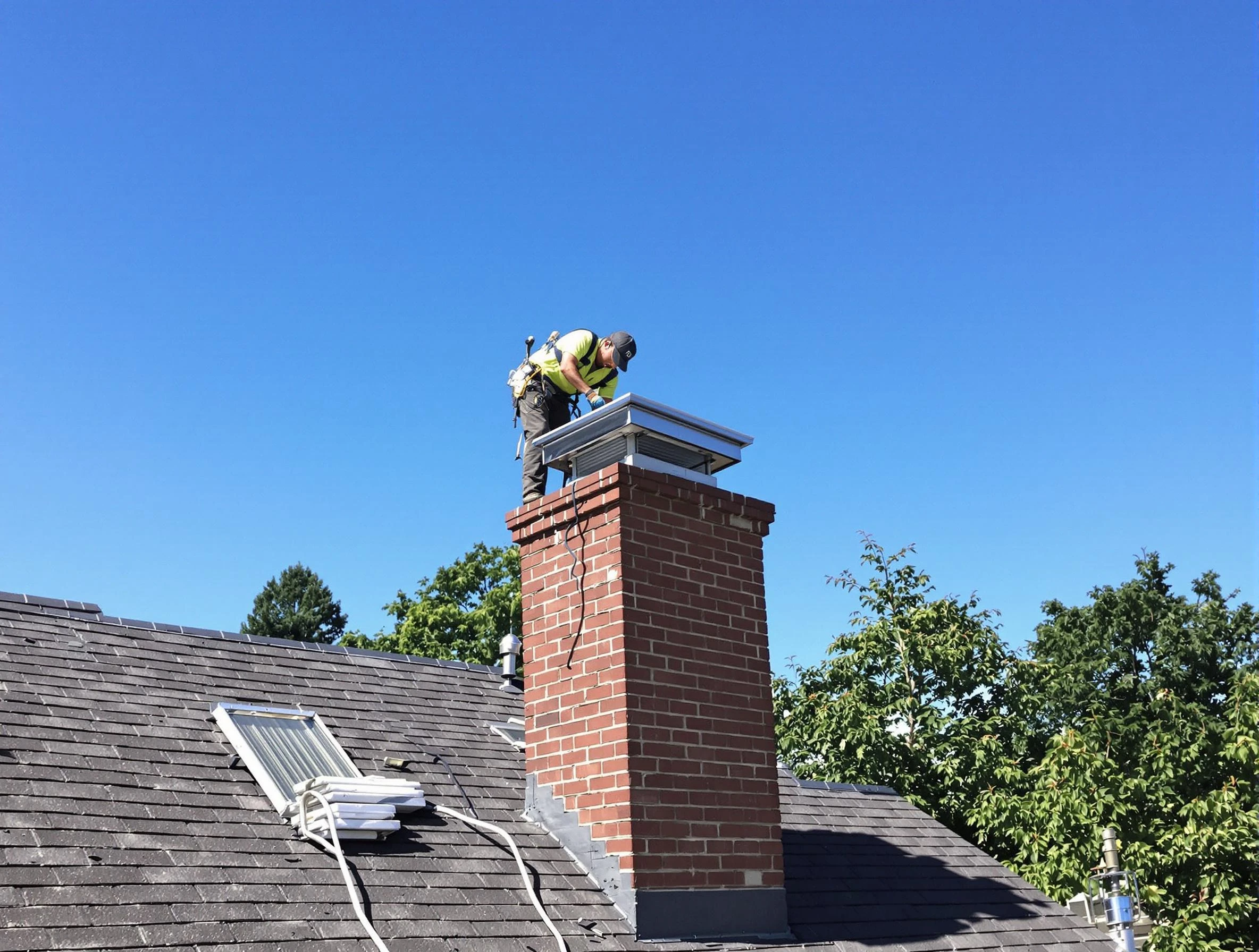 Marshfield Chimney Sweep technician measuring a chimney cap in Marshfield, MA