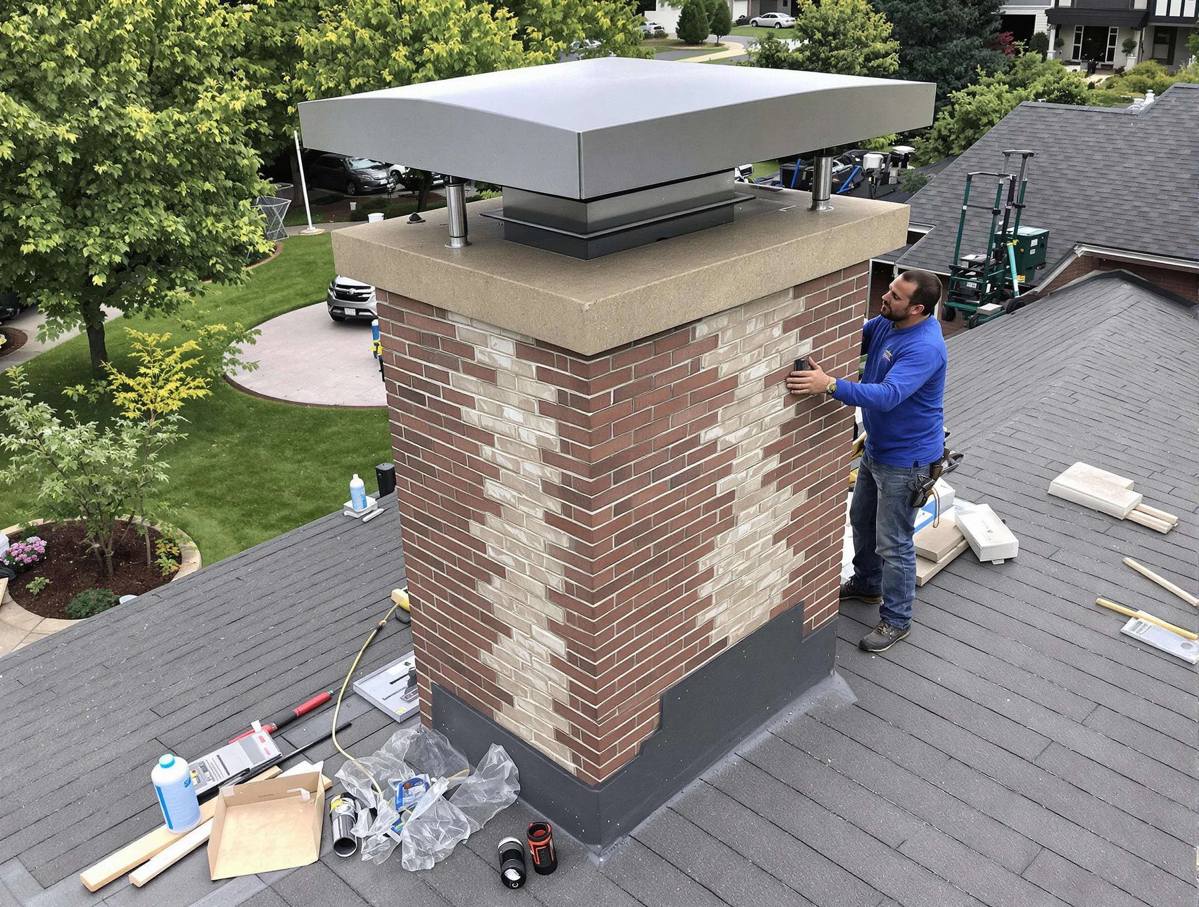 Marshfield Chimney Sweep team working on a custom chimney remodel in Marshfield, MA